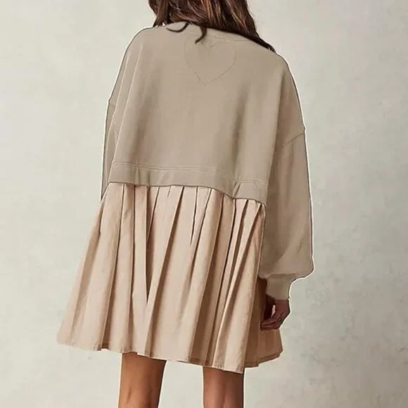 Dokuritu Women's Khaki Patchwork Crew Neck Long Sleeve Sweatshirt Mini Dress XS - Picture 4 of 11